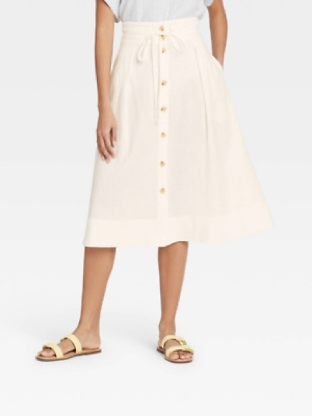 a new day Cream Button-Front Tie Waist Midi Skirt